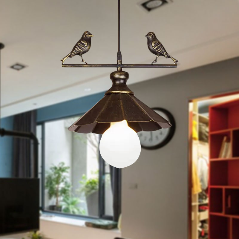 1-Head Industrial Rust Brown Scalloped Shade Pendant Light For Restaurants Metallic Ceiling Hanging