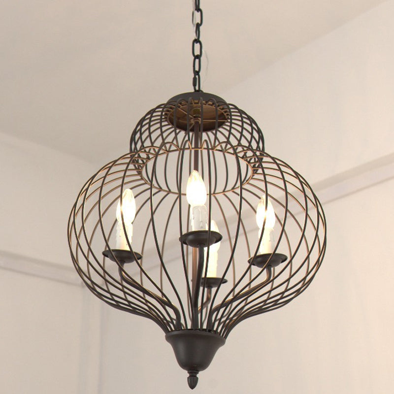 Plafonnier en métal noir de style vintage : grand luminaire suspendu avec abat-jour en forme de cage de courge, 4 lumières et bougie