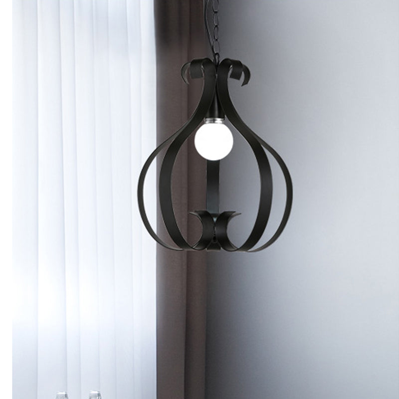 Industrial Gourd Cage Pendant Light - Metallic 1-Head Ceiling Hanging Lamp In Black/White For Living
