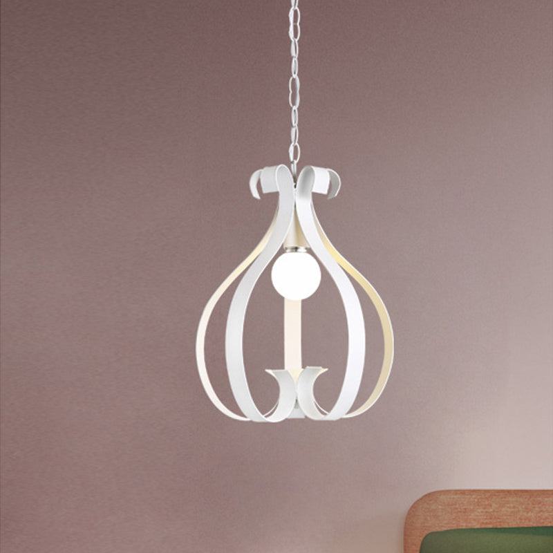 Gourd Cage Pendant Light - 1-Head Ceiling Lamp in Metallic Black or White for Industrial Living Spaces