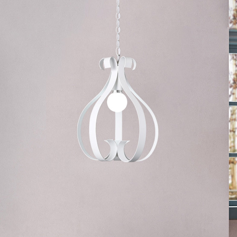 Industrial Gourd Cage Pendant Light - Metallic 1-Head Ceiling Hanging Lamp In Black/White For Living