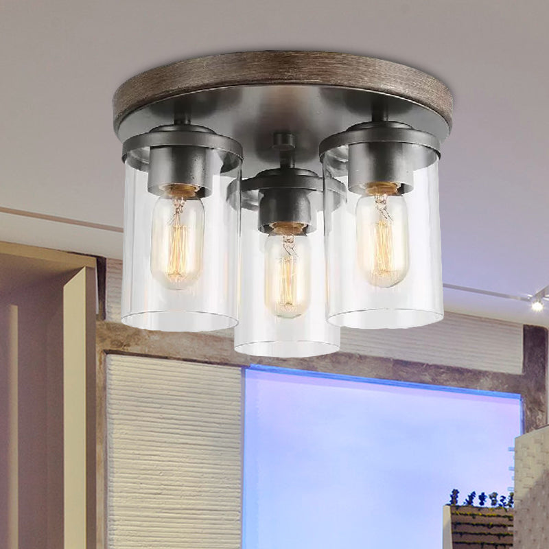 Industrial Clear Glass Flush Ceiling Light with 3 Bulbs - Bronze Finish - Ideal for Living Room