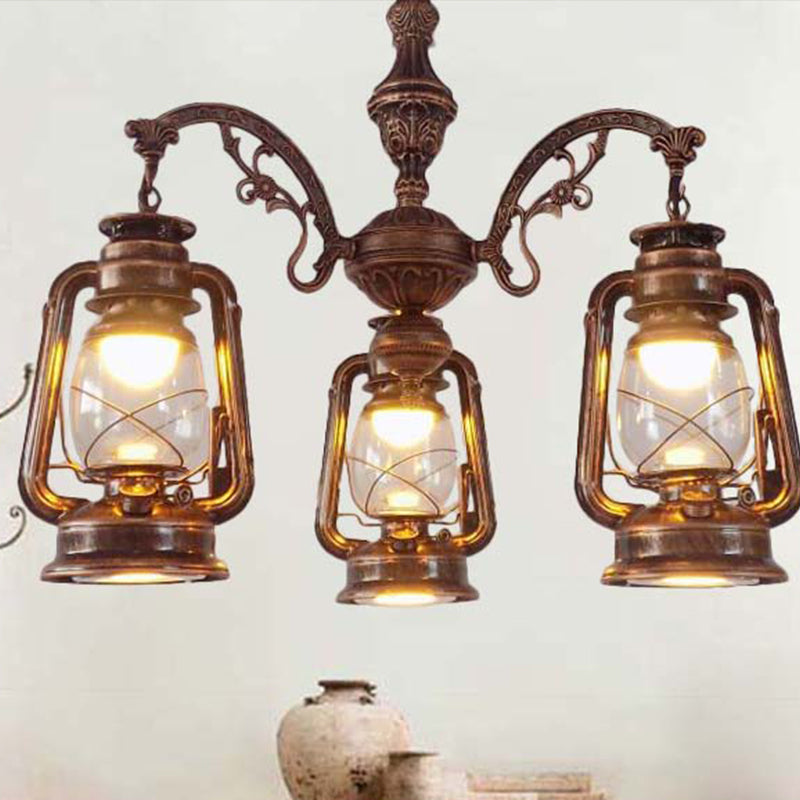 Lustre industriel suspendu pour cuisine - Verre transparent avec motif lanterne noir/argenté/rouge