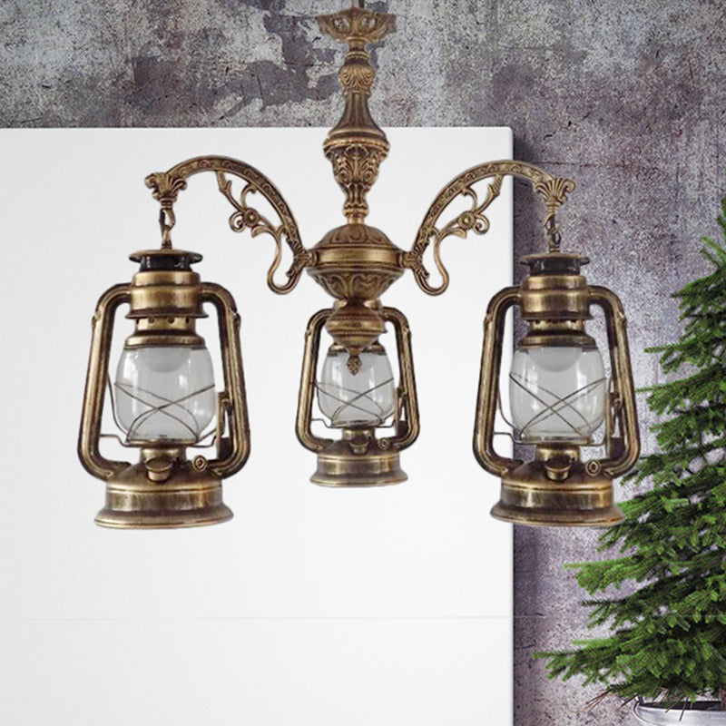 Lustre industriel suspendu pour cuisine - Verre transparent avec motif lanterne noir/argenté/rouge
