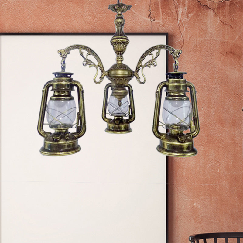 Lustre industriel suspendu pour cuisine - Verre transparent avec motif lanterne noir/argenté/rouge