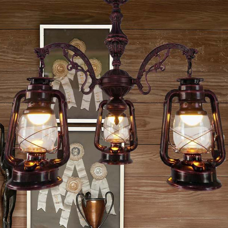 Lustre industriel suspendu pour cuisine - Verre transparent avec motif lanterne noir/argenté/rouge