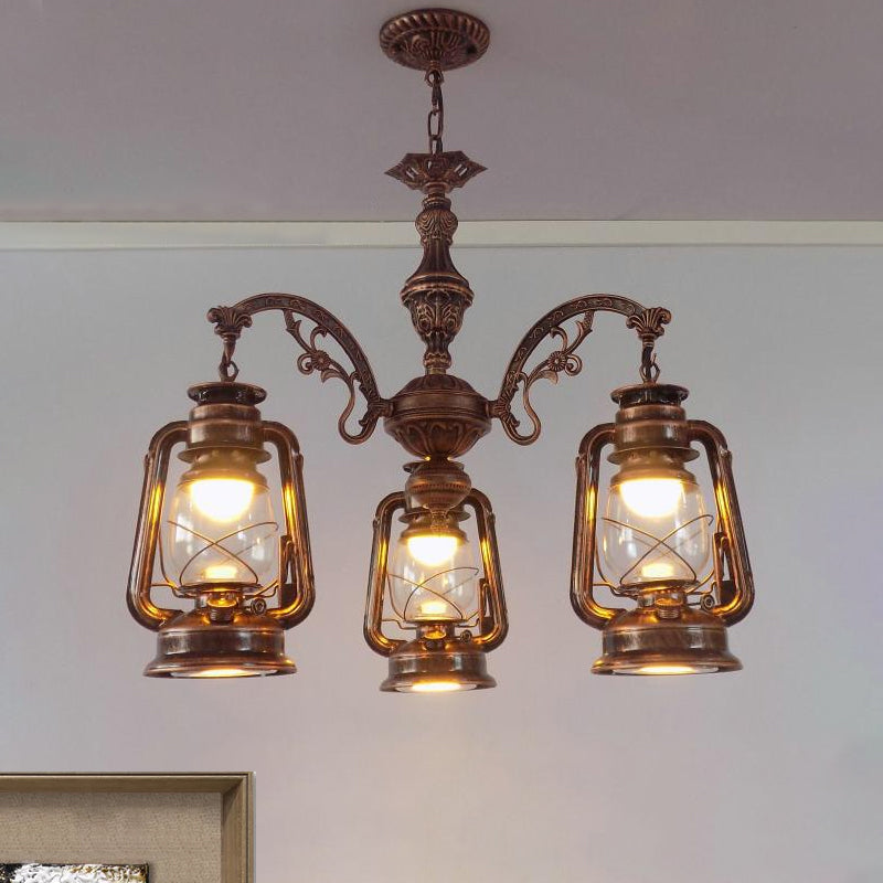 Lustre industriel suspendu pour cuisine - Verre transparent avec motif lanterne noir/argenté/rouge