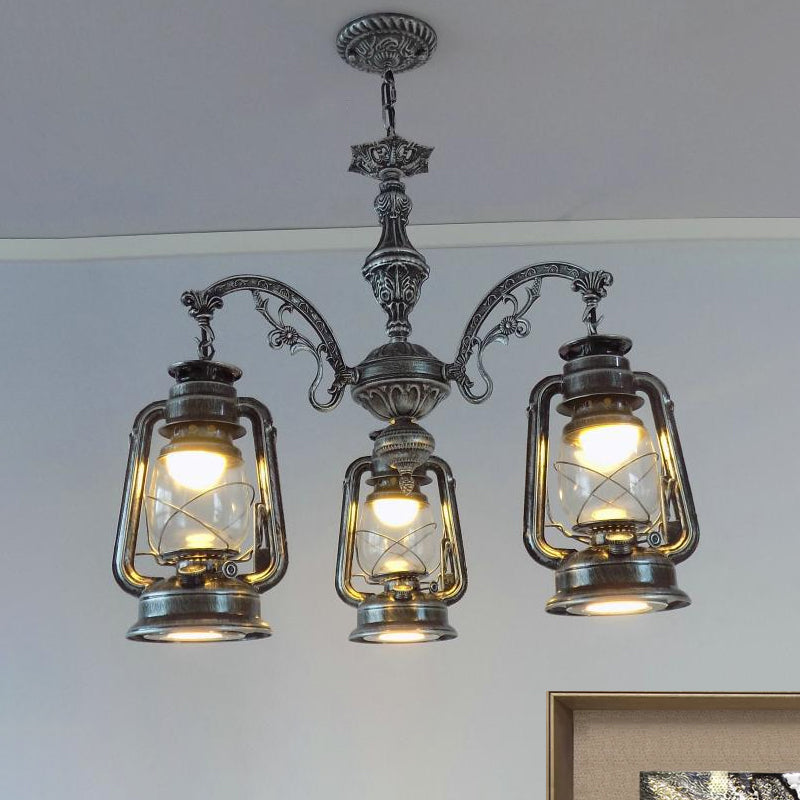Lustre industriel suspendu pour cuisine - Verre transparent avec motif lanterne noir/argenté/rouge