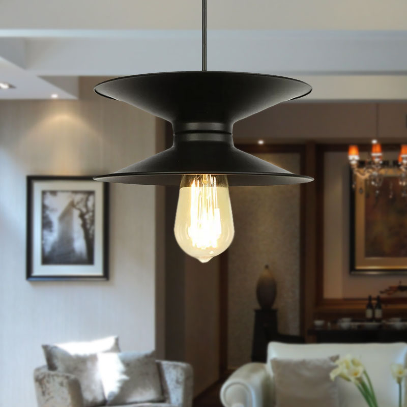 Plafonnier rétro à double cône en métal - Luminaire élégant à 1 lampe pour salle à manger en noir et blanc