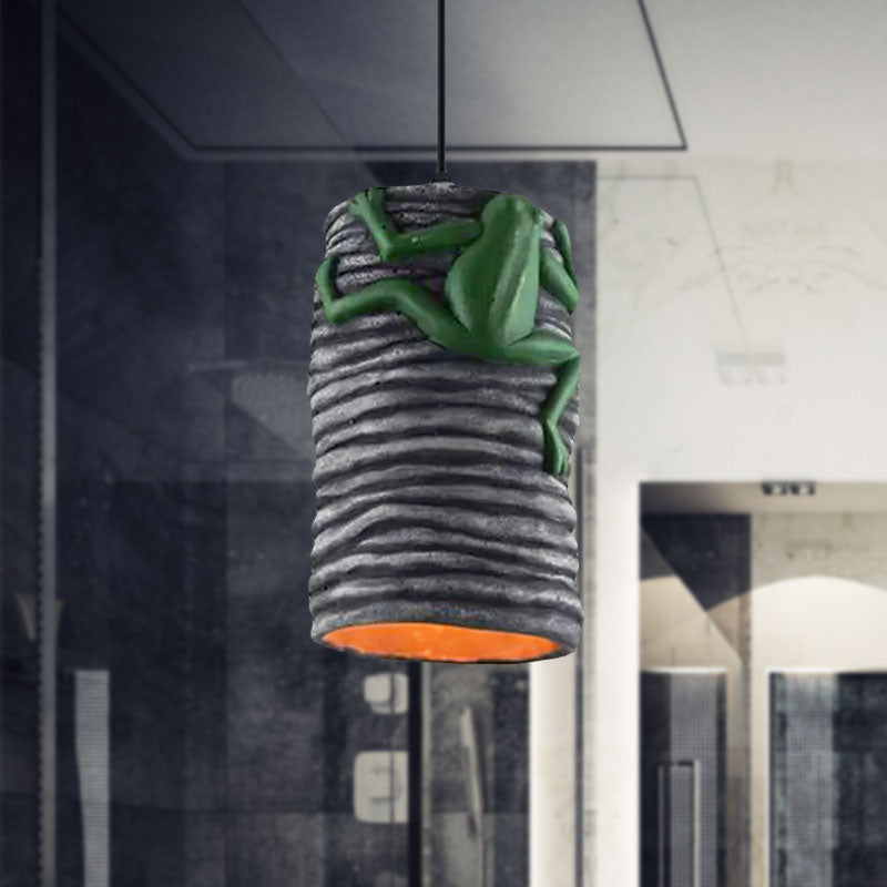 Industrial Frog Deco Cylinder Pendant Light: 1-Light Cement And Resin Lamp In Brass/Black/Grey For