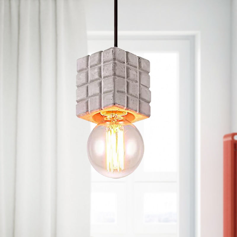 Vintage Cement Square Pendant Light with Bare Bulb for Restaurant Ceiling - Grey