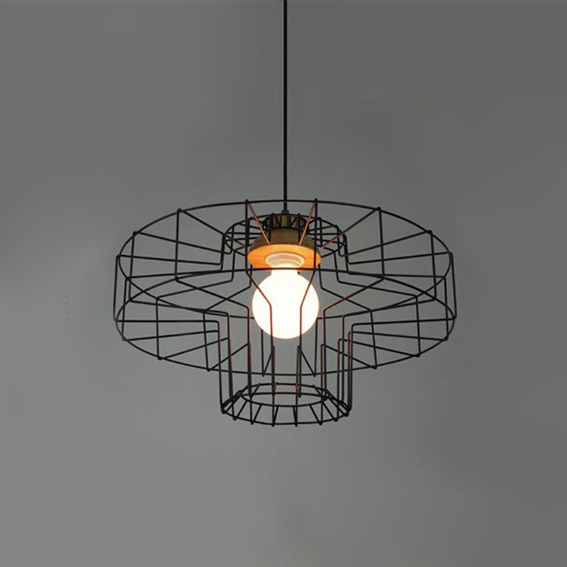 Suspension rétro en métal avec abat-jour en forme de cage cylindrique - Lampe suspendue pour chambre à coucher en noir