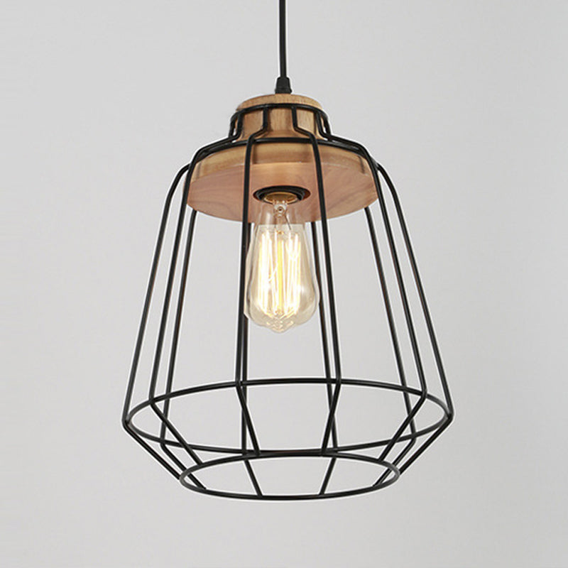 Suspension rétro en métal avec abat-jour en forme de cage cylindrique - Lampe suspendue pour chambre à coucher en noir