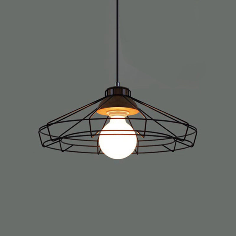 Suspension rétro en métal avec abat-jour en forme de cage cylindrique - Lampe suspendue pour chambre à coucher en noir