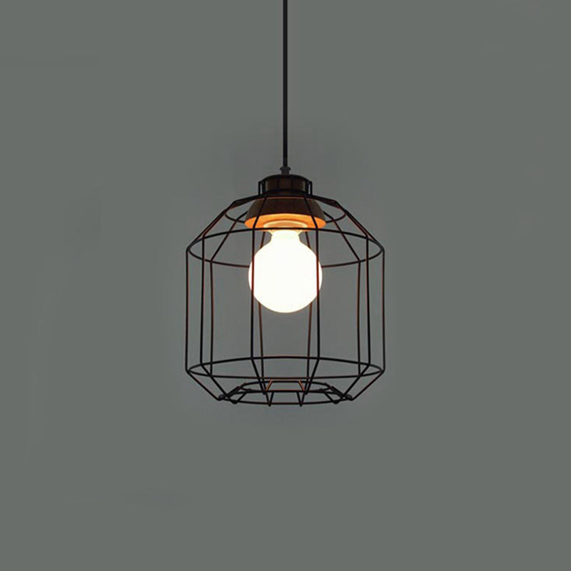 Suspension rétro en métal avec abat-jour en forme de cage cylindrique - Lampe suspendue pour chambre à coucher en noir