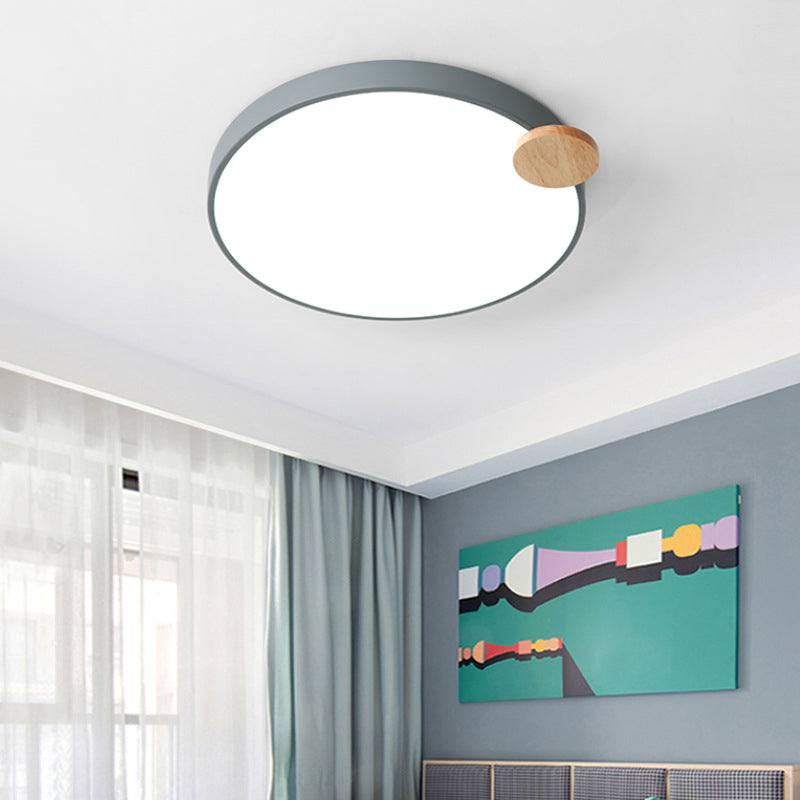 Modern LED Round Flush Mount Light with Wood Detail, for Bedroom - 12"/16"/19.5
