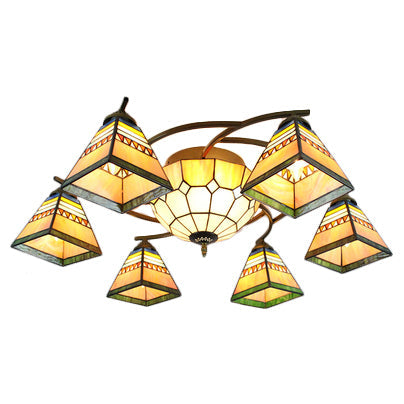 Beige Tiffany Style Stained Glass Chandelier Pyramid Design Ceiling Fixture For Living Room 7 /