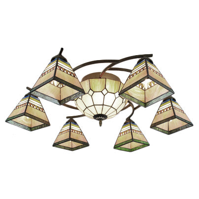 Beige Tiffany Style Stained Glass Chandelier – Pyramid Design Ceiling Fixture for Living Room