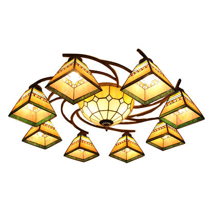 Beige Tiffany Style Stained Glass Chandelier – Pyramid Design Ceiling Fixture for Living Room