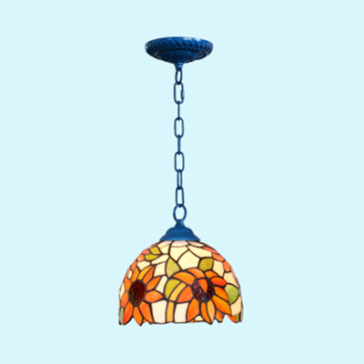 Superbe plafonnier de salon Tiffany noir/bleu - Luminaire suspendu élégant avec abat-jour en verre teinté en forme de dôme