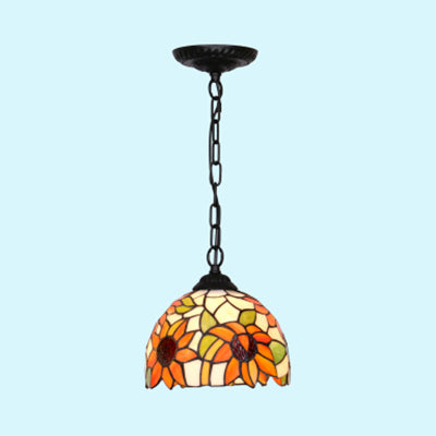 Superbe plafonnier de salon Tiffany noir/bleu - Luminaire suspendu élégant avec abat-jour en verre teinté en forme de dôme