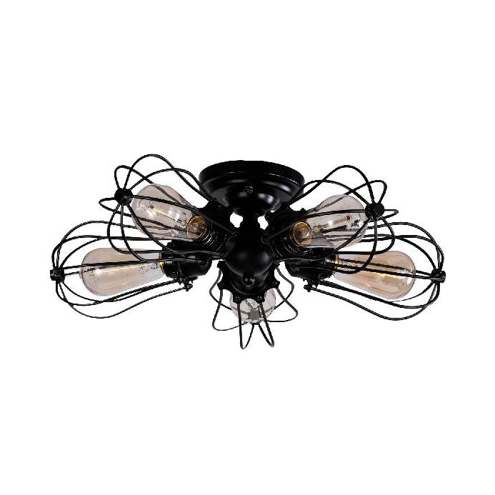 Vintage Style Bulb Shaped Iron Ceiling Light with Wire Guard | Semi Flush Mount | 3/4/5 Lights | Black/Silver