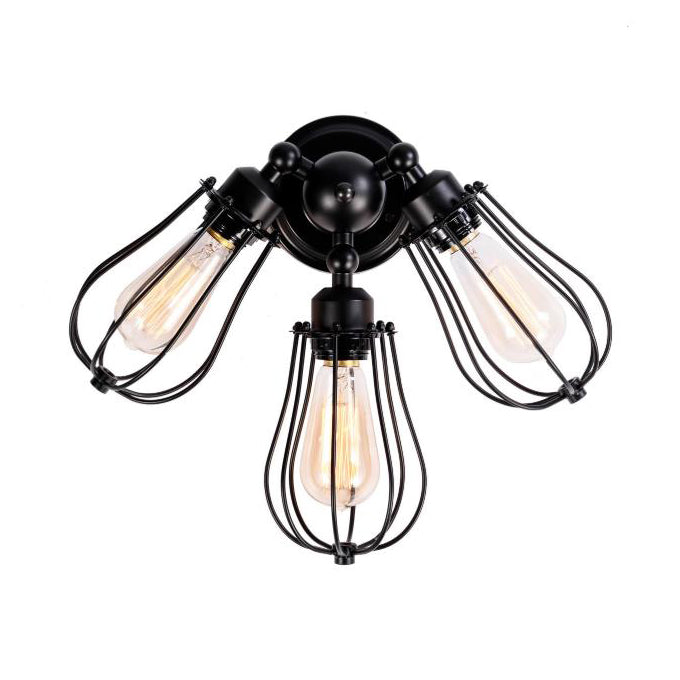 Vintage Style Bulb Shaped Iron Ceiling Light with Wire Guard | Semi Flush Mount | 3/4/5 Lights | Black/Silver