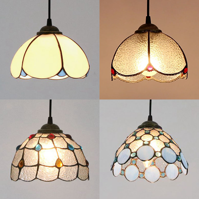 Plafonnier en verre d'art de style Tiffany fabriqué à la main avec un design évasé texturé blanc/bleu - Luminaire suspendu à 1 tête