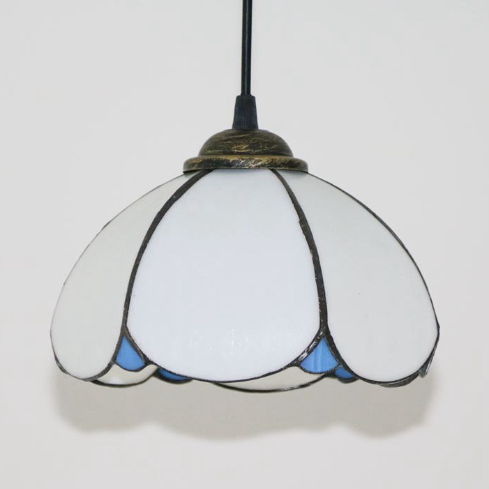 Plafonnier en verre d'art de style Tiffany fabriqué à la main avec un design évasé texturé blanc/bleu - Luminaire suspendu à 1 tête