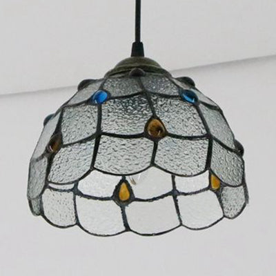 Plafonnier en verre d'art de style Tiffany fabriqué à la main avec un design évasé texturé blanc/bleu - Luminaire suspendu à 1 tête