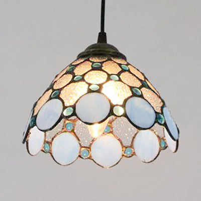 Plafonnier en verre d'art de style Tiffany fabriqué à la main avec un design évasé texturé blanc/bleu - Luminaire suspendu à 1 tête