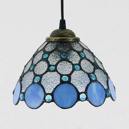 Plafonnier en verre d'art de style Tiffany fabriqué à la main avec un design évasé texturé blanc/bleu - Luminaire suspendu à 1 tête