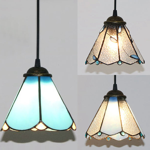 Lampe à suspension conique Tiffany en verre bleu et transparent - Lampe à suspension de plafond de salle à manger