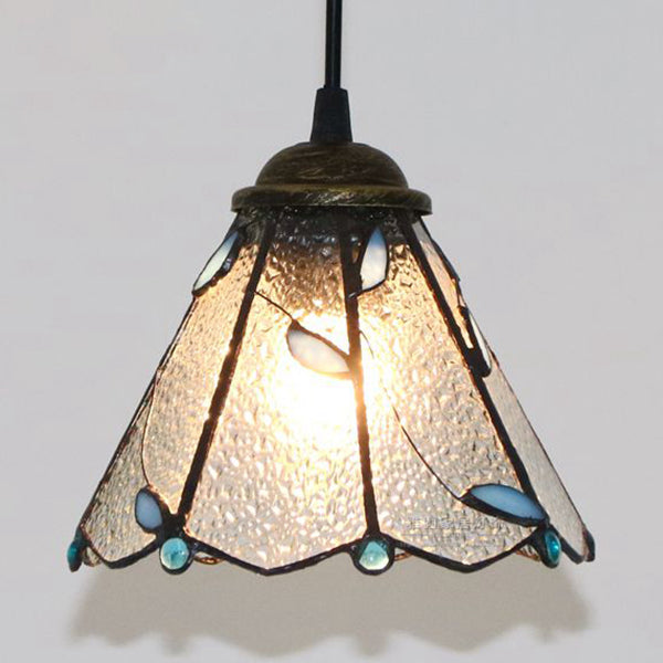 Lampe à suspension conique Tiffany en verre bleu et transparent - Lampe à suspension de plafond de salle à manger