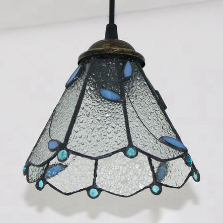 Lampe à suspension conique Tiffany en verre bleu et transparent - Lampe à suspension de plafond de salle à manger