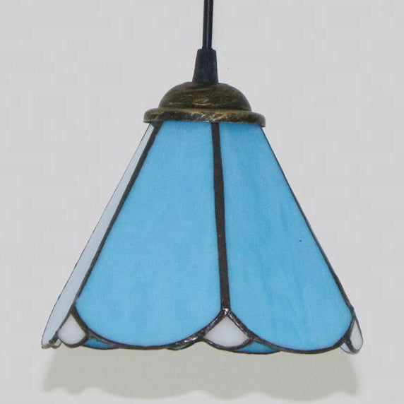 Lampe à suspension conique Tiffany en verre bleu et transparent - Lampe à suspension de plafond de salle à manger