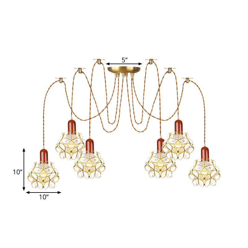 Traditional Gold Flower Bedroom Pendant Light - 2/3/4-Head Clear Water Glass Swag Lamp