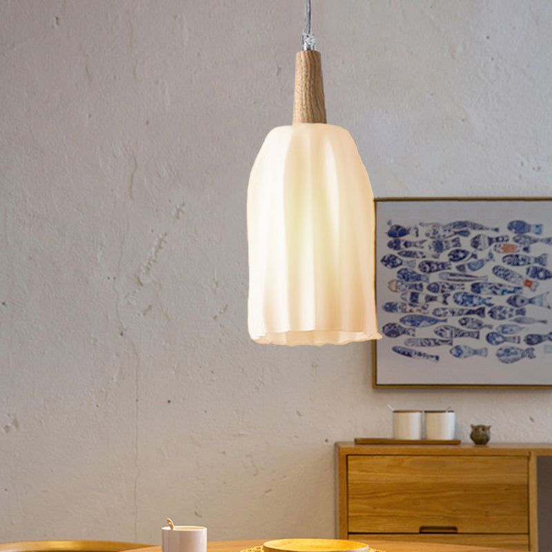 Modern Wood Cup Ceiling Light With Milk White Prismatic Glass Pendant