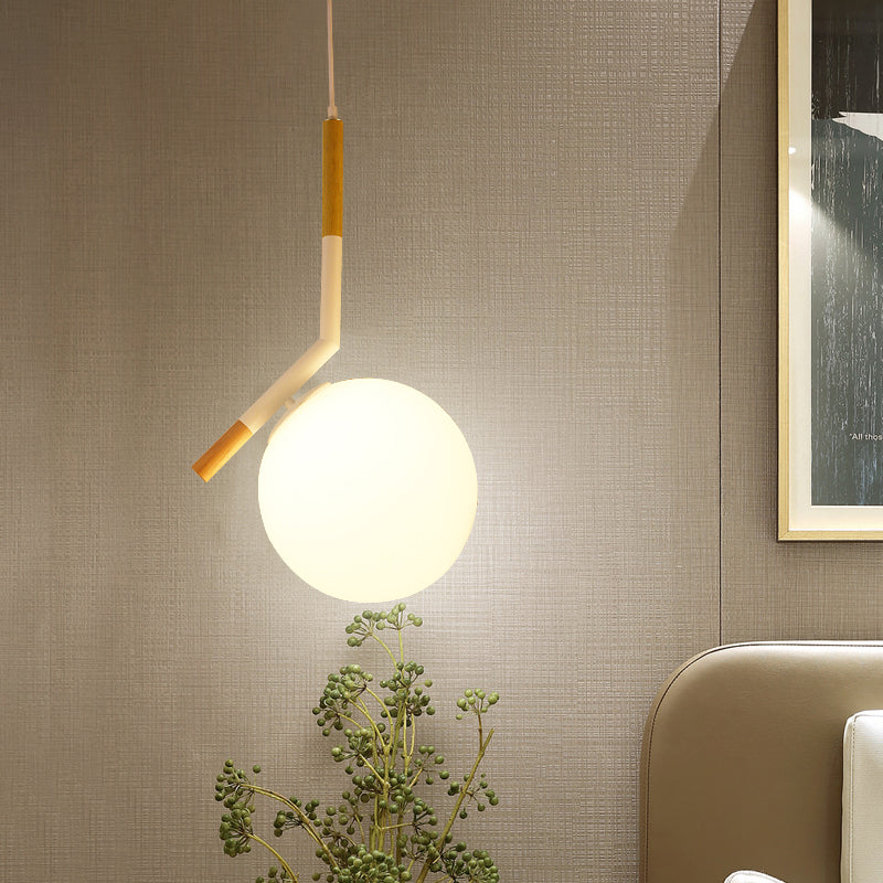Modern White Glass Globe Pendant Light with Wood Hanging Lamp Kit, 1-Head, Angled Rod - 11.5"/14.5" Wide
