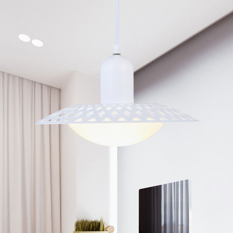 Hollowed Dosa Pendant Ceiling Lamp, Modern White Finish, 1 Head, Dome Acrylic Shade, 12"/16" W