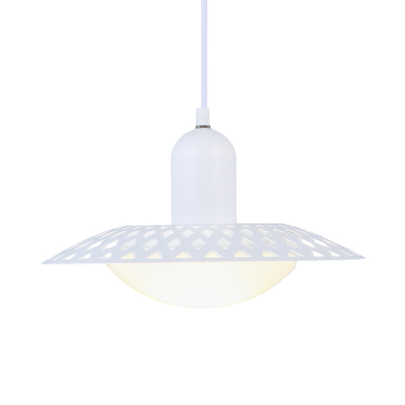 Modern White Finish Pendant Ceiling Lamp With Dome Acrylic Shade Hollowed Dosa Design 1 Head Metal