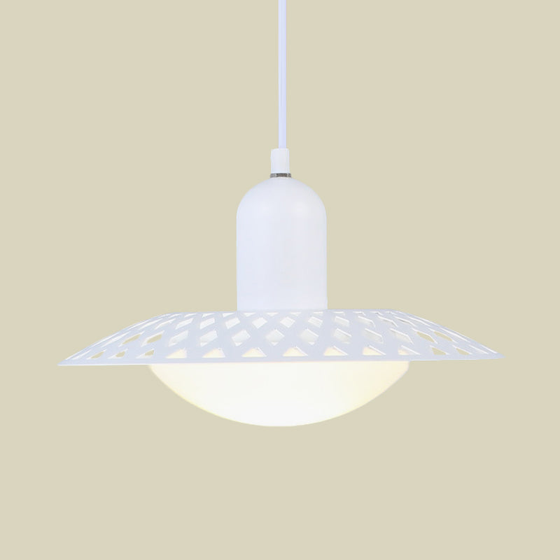 Modern White Finish Pendant Ceiling Lamp With Dome Acrylic Shade Hollowed Dosa Design 1 Head Metal