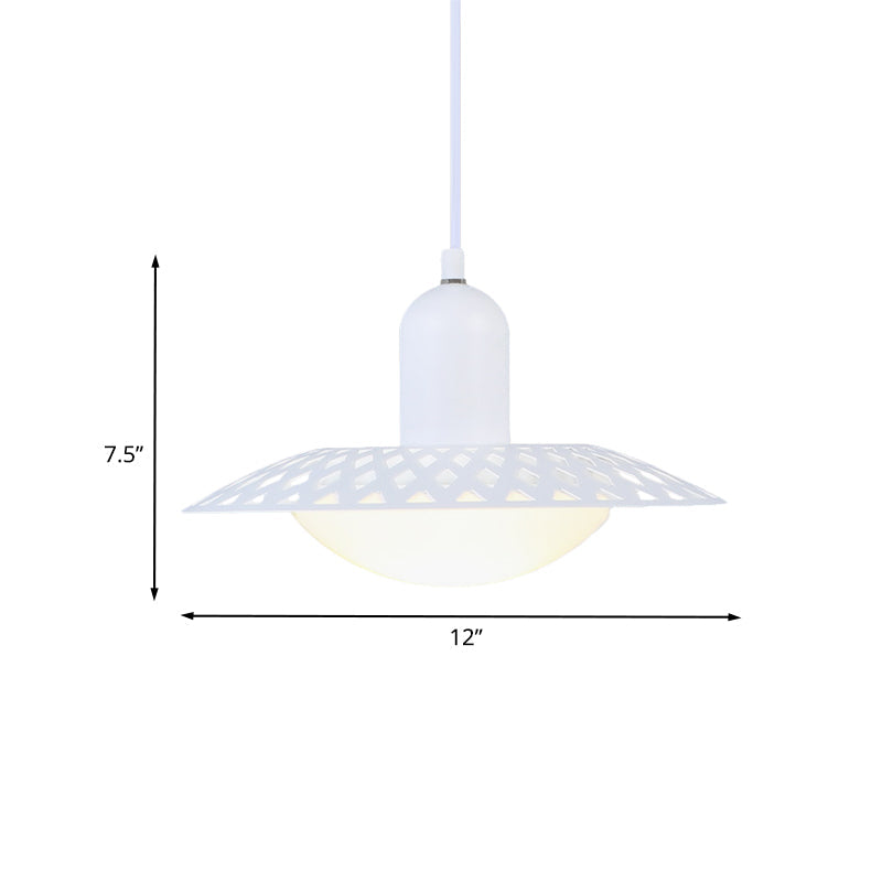 Modern White Finish Pendant Ceiling Lamp With Dome Acrylic Shade Hollowed Dosa Design 1 Head Metal