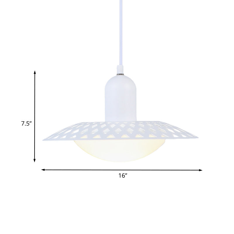 Modern White Finish Pendant Ceiling Lamp With Dome Acrylic Shade Hollowed Dosa Design 1 Head Metal