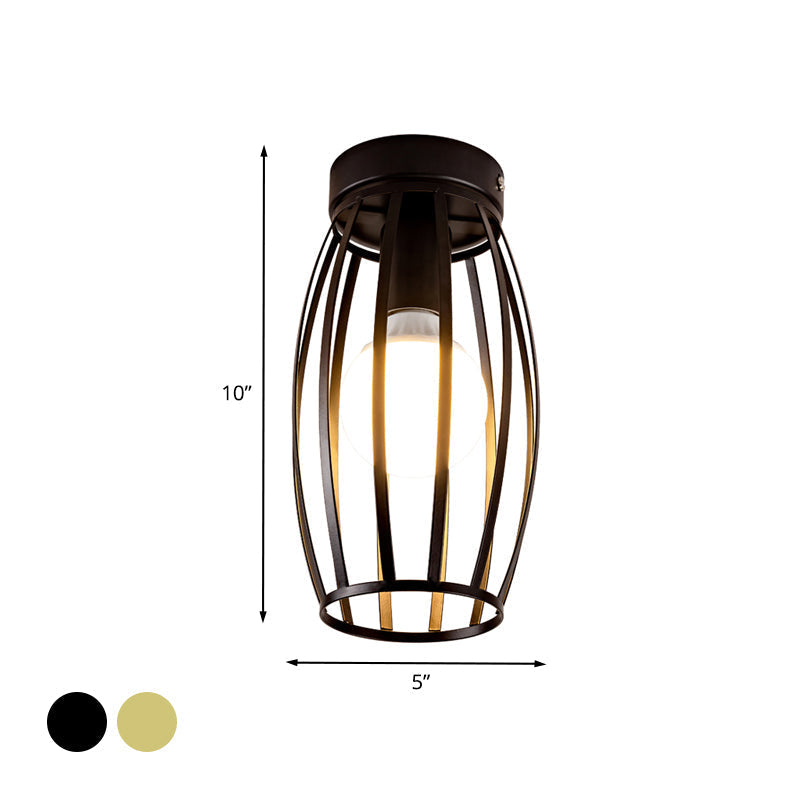 Minimalist Black/Gold Oval Cage Flush Mount Ceiling Fixture with 1 Bulb for Hallway