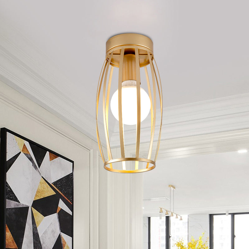 Minimalist Black/Gold Oval Cage Flush Mount Ceiling Fixture with 1 Bulb for Hallway