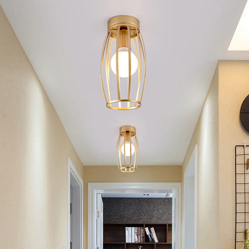 Minimalist Black/Gold Oval Cage Flush Mount Ceiling Fixture with 1 Bulb for Hallway
