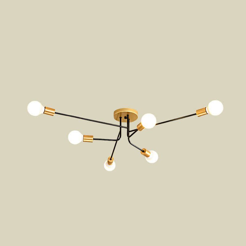 Plafonnier semi-encastré moderniste Sputnik - Finition or et noir, 6 ampoules, près du plafond