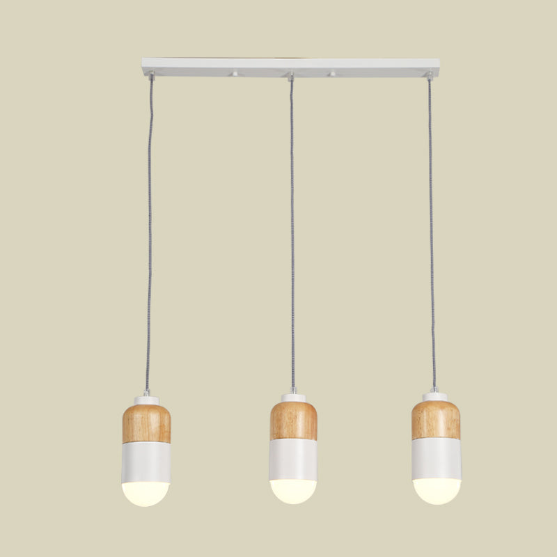 LED Cluster Pendant Light with Metal Modernist Design - 3 Bulbs, White and Wood, for Dining Table