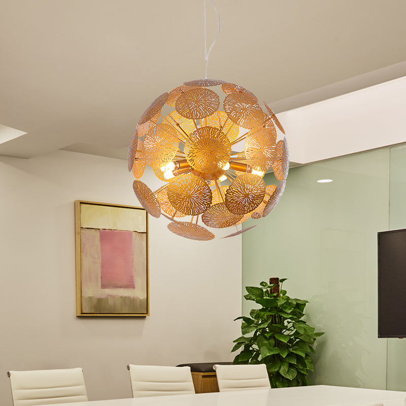 Lustre postmoderne en forme de feuille de lotus doré avec design globe – Luminaire en métal à 5 ​​têtes